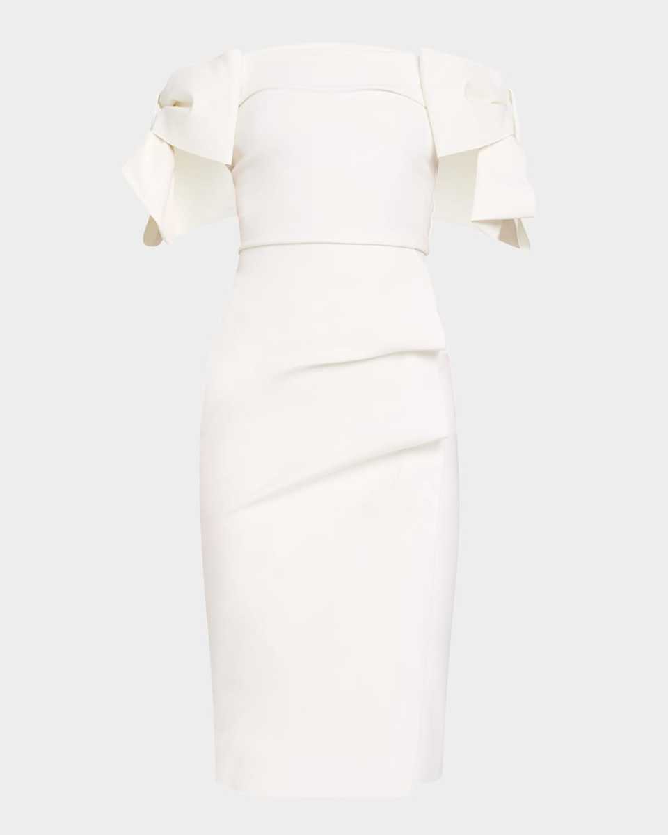 Bunjiree Off-Shoulder Bow Midi Sheath Dress